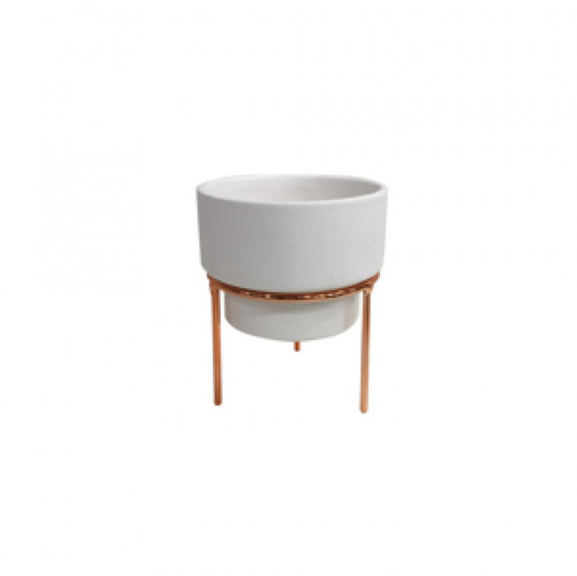 CACHEPOT CERAMICA BRANCO PE COBRE 14X12 M