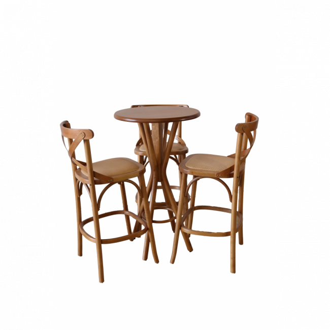 MESA BISTRÔ ALTA C/ CADEIRAS DE ESTOFADO PALHINHA