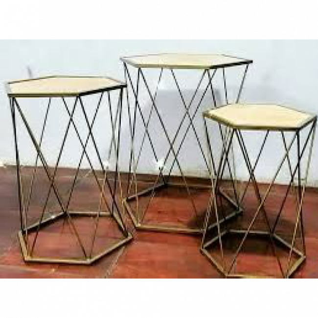 TRIO DE MESA HEXAGONAIS FERRO CRUZADO P=48C M=60CM G71CM