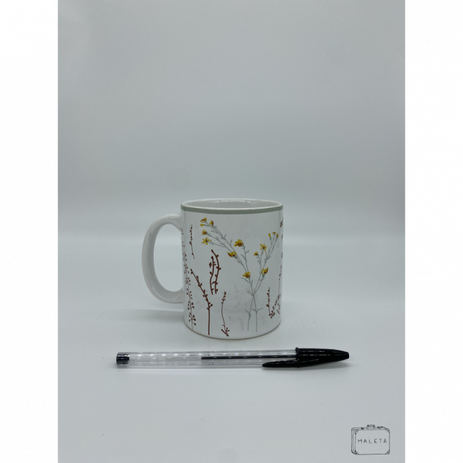 CANECA COM ESTAMPA DE FLORZINHAS AMARELAS