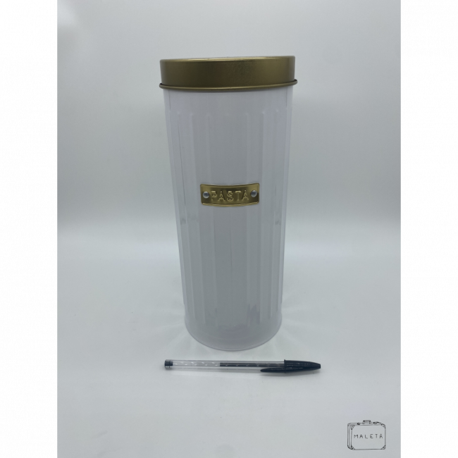 PORTA-MANTIMENTO BRANCO COM TEXTURA DE LISTRA E TAMPA DOURADA