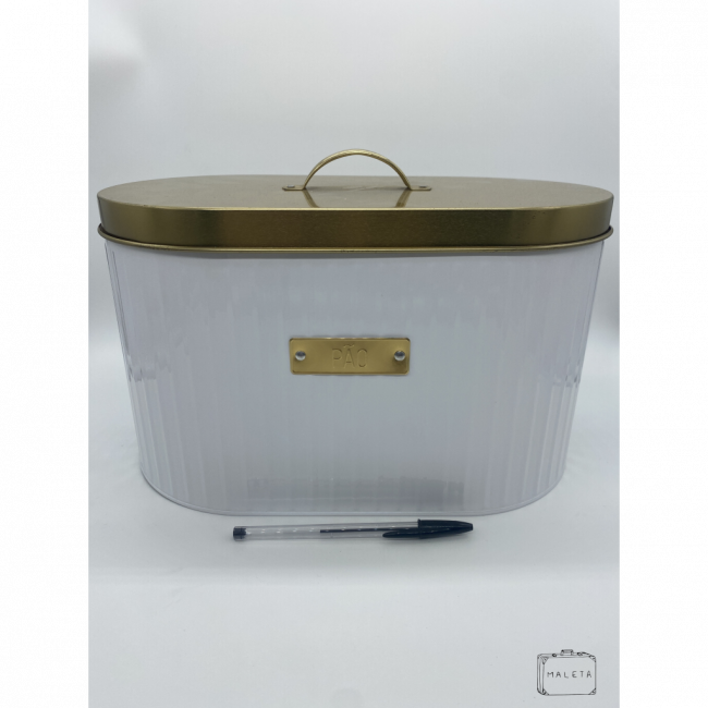 PORTA-MANTIMENTO PARA PÃO EM LATA BRANCA COM TAMPA DOURADA