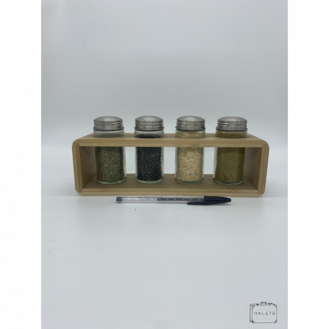 CONJUNTO DE PORTA-TEMPERO DE VIDRO COM BASE DE BAMBU
