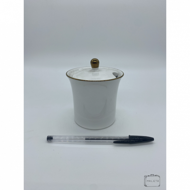 AÇUCAREIRO DE CERÂMICA BRANCO COM DETALHE DOURADO