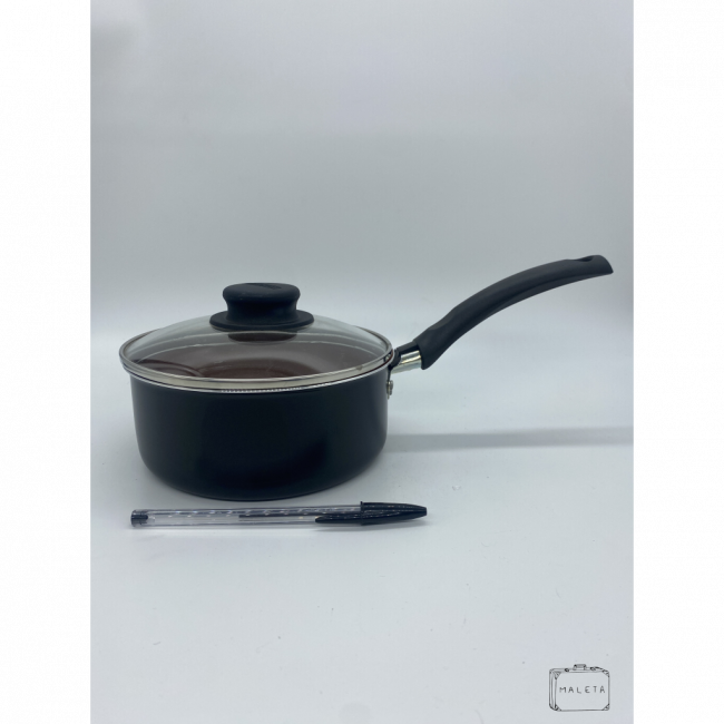 PANELA PEQUENA COM CABO PRETA COM INTERIOR COBRE E TAMPA DE VIDRO