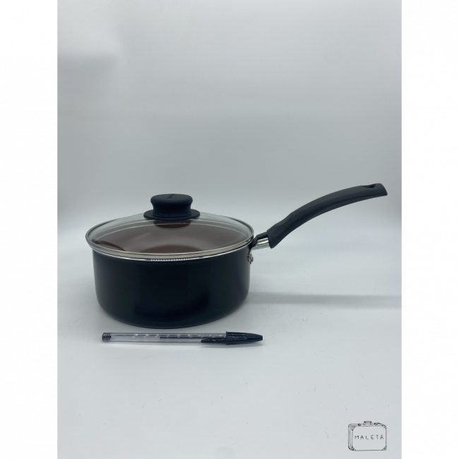 PANELA MÉDIA COM CABO PRETA COM INTERIOR COBRE E TAMPA DE VIDRO
