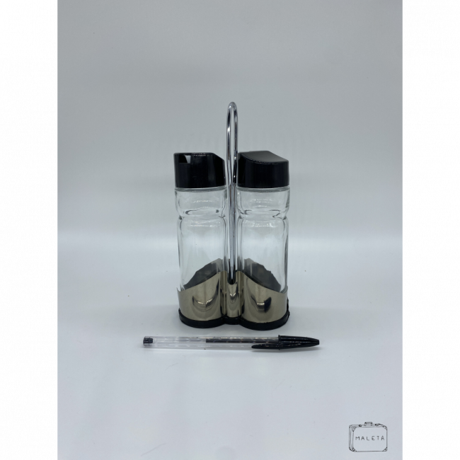 GALHETEIRO VIDRO COM SUPORTE TAMPA PRETA (03 PEÇAS)