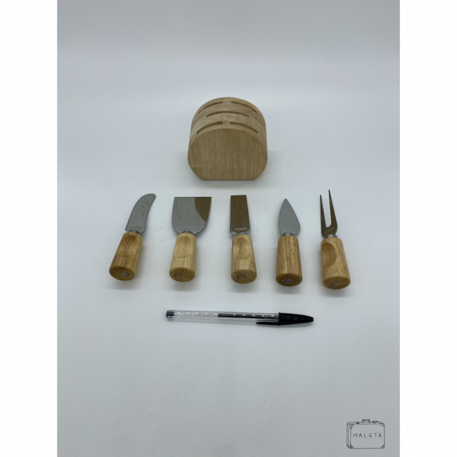 JOGO PARA QUEIJO INOX CABO BAMBU COM SUPORTE (06 PEÇAS)