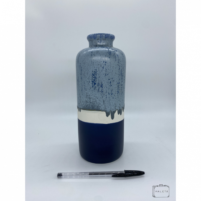 VASO CERÂMICA ALTO AZUL COM DETALHES AZUL CLARO FAIXA BRANCA