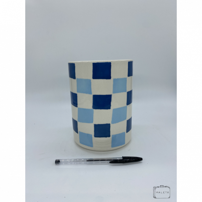 VASO CERÂMICA BRANCO QUADRICULADO TONS DE AZUL