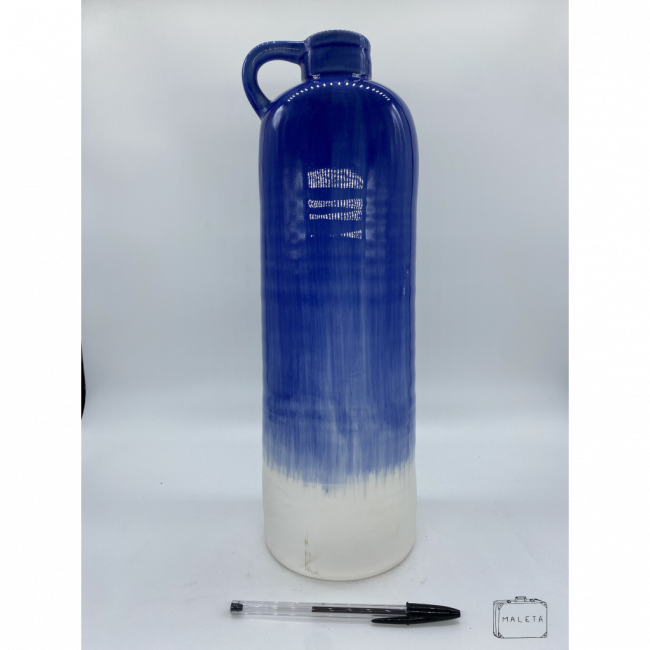 VASO CERÂMICA MUITO ALTO AZUL E BRANCO COM ALÇA