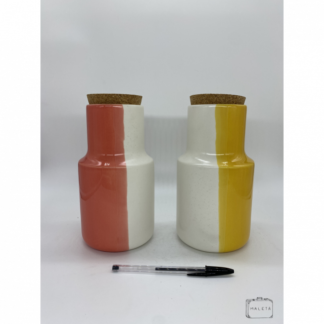 PORTA-MANTIMENTO CERÂMICA AMARELO E ROSA TAMPA ROLHA MÉDIO