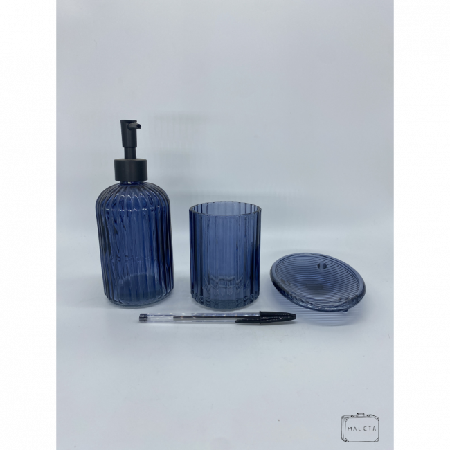 PORTA SABONETE LÍQUIDO + SABONETEIRA + PORTA ESCOVA DE DENTE VIDRO (AZUL)