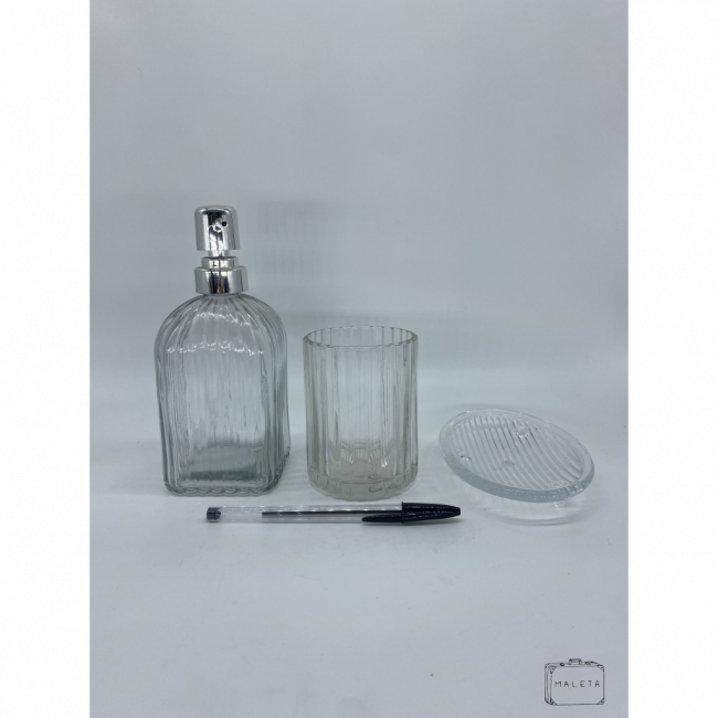 PORTA SABONETE LÍQUIDO + SABONETEIRA + PORTA ESCOVA DE DENTE VIDRO (TRANSPARENTE)