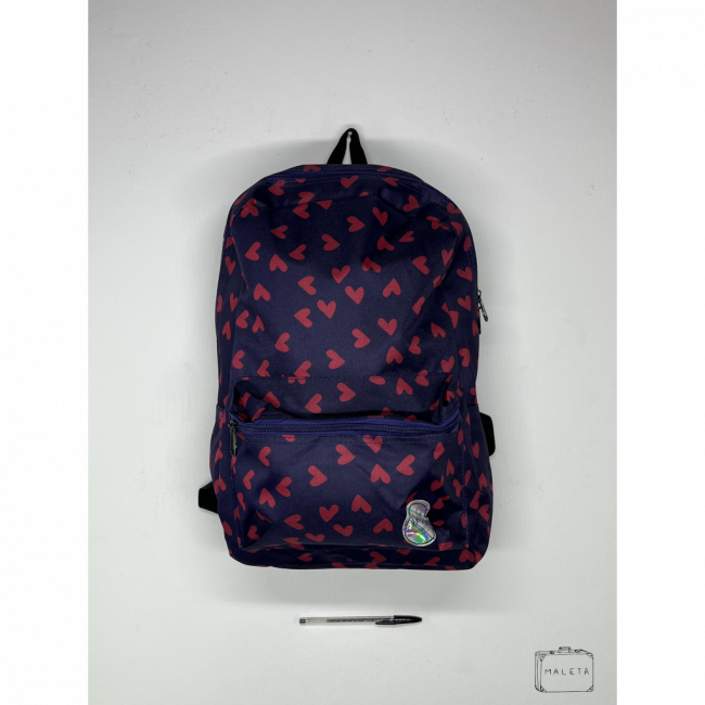 MOCHILA AZUL CORAÇÕEZINHOS VERMELHO