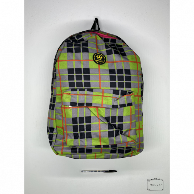MOCHILA VERDE XADREZ LARANJA E PRETO