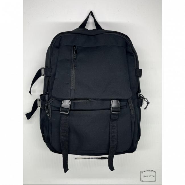 MOCHILA PRETA PRESILHAS BOLSO FRONTAL
