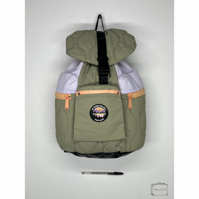 MOCHILA VERDE E BRANCA TACTEL - ZÍPER LARANJA