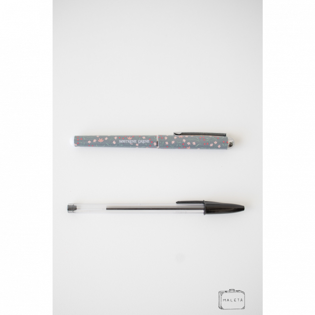 CANETA COM TAMPA CINZA COM FLORZINHAS