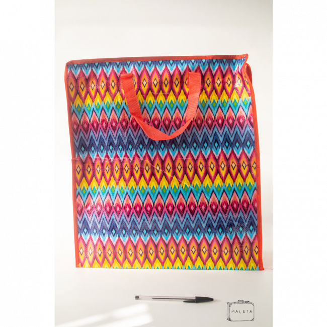 SACOLA DE FEIRA VERMELHA LOSANGOS COLORIDOS COM ZÍPER