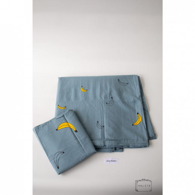 CAPA DE EDREDOM SOLTEIRO AZUL COM BANANA - 02 PEÇAS