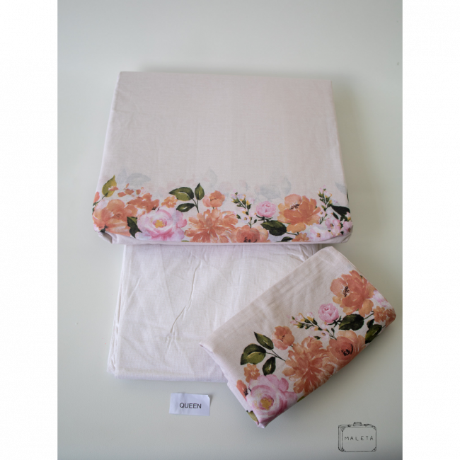 JOGO DE CAMA QUEEN CREME ESTAMPA FLORES - 04 PEÇAS