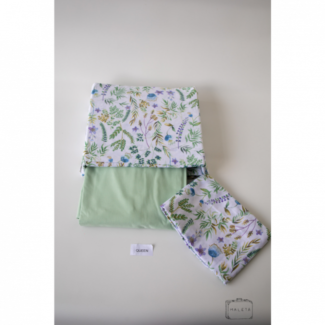 JOGO DE CAMA QUEEN OFF WHITE ESTAMPA FLORES VERDES - 04 PEÇAS
