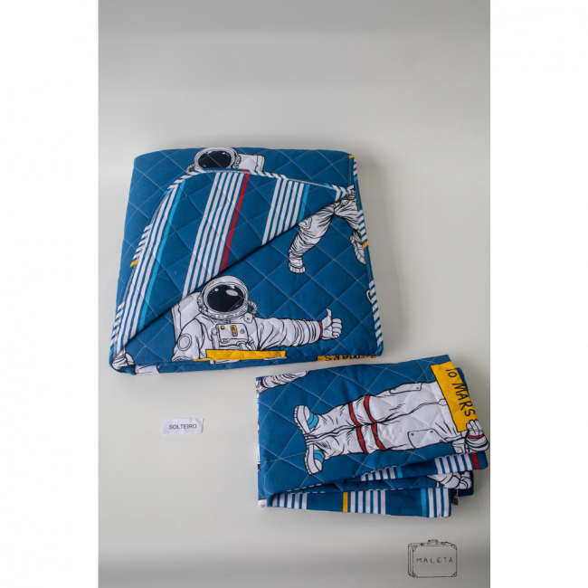 COLCHA COM CAPA DE TRAVESSEIRO SOLTEIRO AZUL ASTRONAUTA - 02 PEÇAS