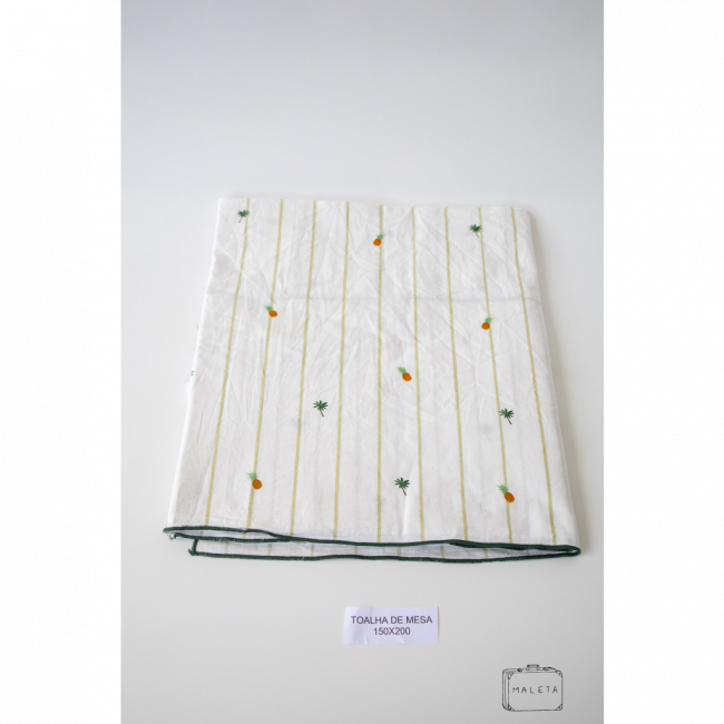 TOALHA DE MESA BRANCA ESTAMPA ABACAXI E COQUEIRO - 1,50X2,00