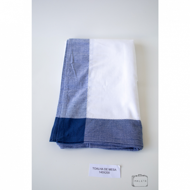 TOALHA DE MESA OFF WHITE COM BORDA AZUL - 1,40X2,00