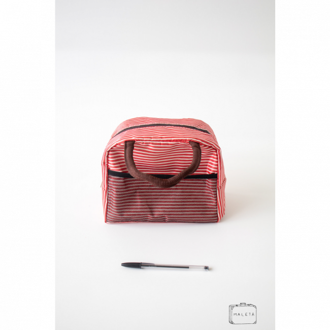 NECESSAIRE COM ALÇA VERMELHA LISTRADA