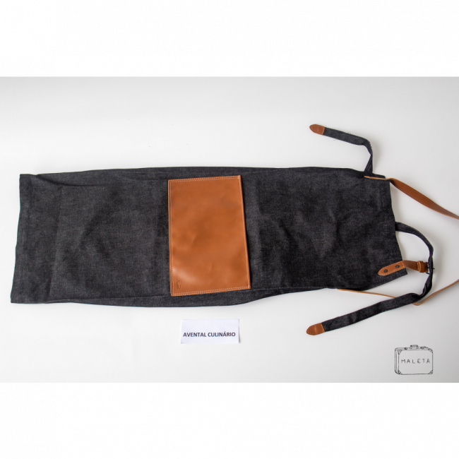 AVENTAL CULINÁRIO JEANS PRETO DETALHES COURO