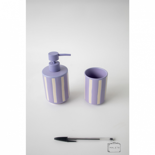 KIT CERÂMICA PORTA-SABONETE LÍQUIDO / ESCOVA DE DENTE LILÁS COM LISTRAS BRANCAS