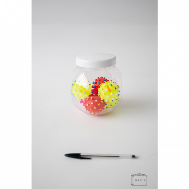 POTE TRANSPARENTE PLÁSTICO TAMPA BRANCA COM 10 BOLINHAS COLORIDAS