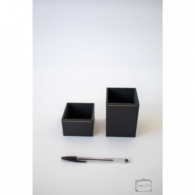KIT ESCRITÓRIO PORTA-CANETA + PORTA-CLIPES COURO PRETO - 2 PEÇAS