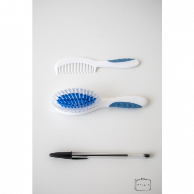 KIT ESCOVA + PENTE INFANTIL BRANCO COM AZUL