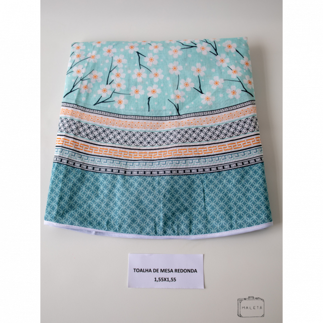 TOALHA DE MESA REDONDA AZUL COM FLORES - 1,55X1,55