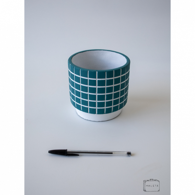 CACHEPÔ CERÂMICA BRANCO QUADRADINHOS AZUL