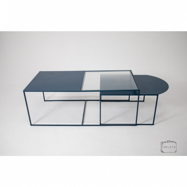 MESA DE CENTRO METAL AZUL COM VIDRO – L1,00XP0,50XA0,37 / L0,65XP0,47XA0,32