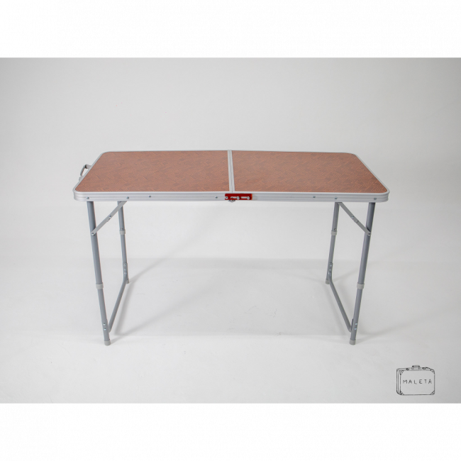 MESA DOBRÁVEL ALUMÍNIO TAMPO MARROM – L1,20XP0,60XA0,70 (ALTURA REGULÁVEL)