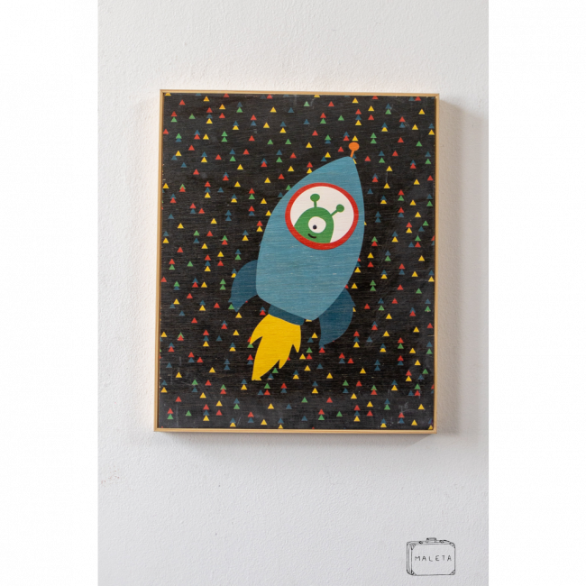 QUADRO MADEIRA FOGUETE NO ESPAÇO – 39X32