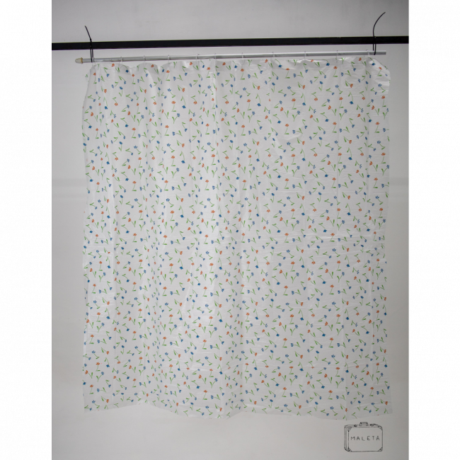 CORTINA PARA BOX JATEADA ESTAMPA FLORZINHAS AZUL E LARANJA - 1,80X1,80