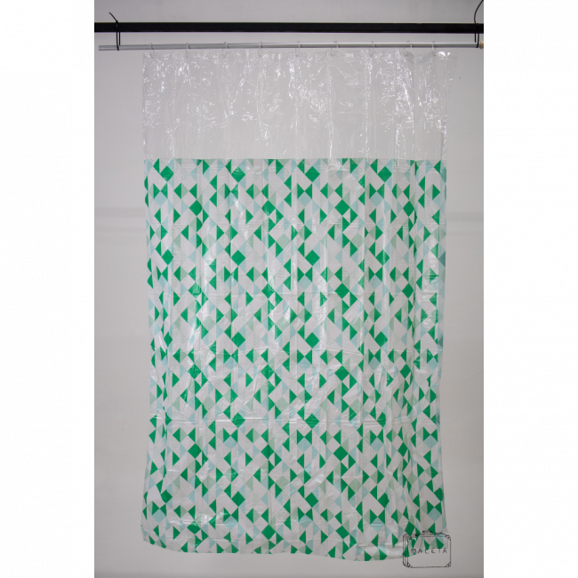 CORTINA PARA BOX PLÁSTICO VERDE ESTAMPA LOSANGULOS DETALHE INFERIOR TRANSPARENTE - 1,80X1,80
