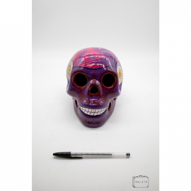 CAVEIRA MEXICANA CERÂMICA ROXA DETALHES PINK