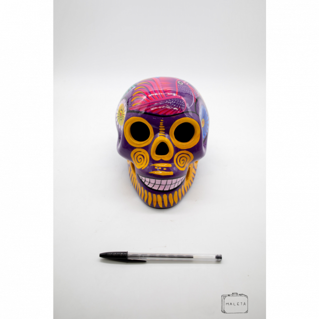 CAVEIRA MEXICANA CERÂMICA ROXA DETALHE AMARELO