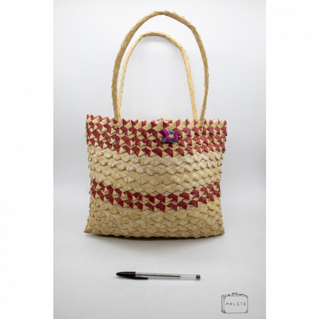 BOLSA PALHA DETALHE ROSA - MÉDIO
