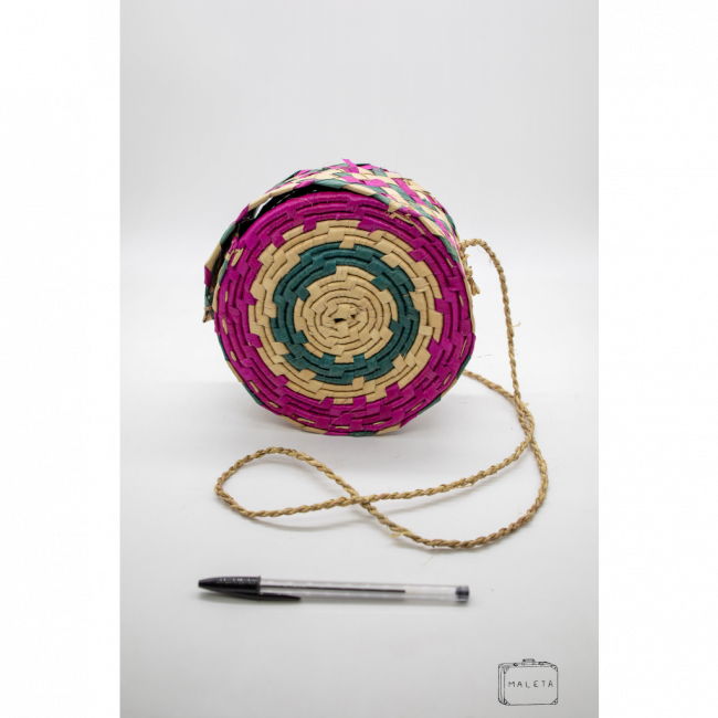 BOLSA PALHA REDONDA DETALHES ROSA E VERDE