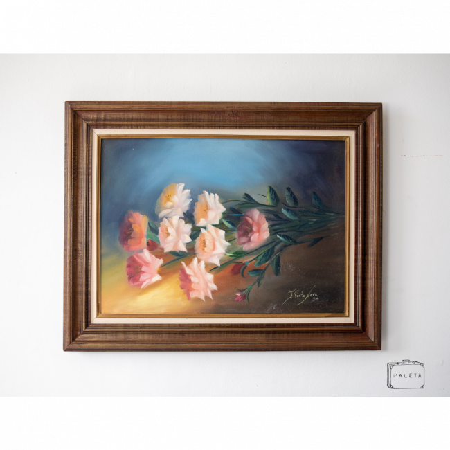 TELA COM MOLDURA MADEIRA FLORES ROSA - L0,90XA0,70