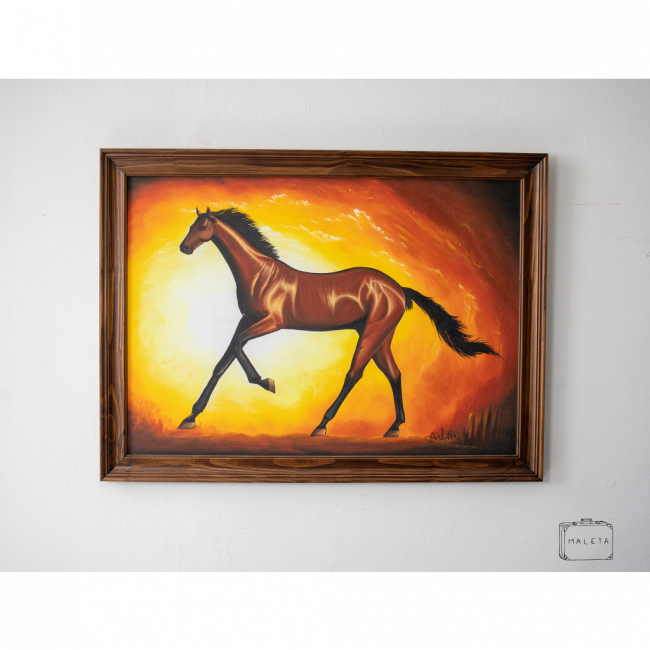TELA COM MOLDURA MADEIRA ESCURA CAVALO MARROM - L0,70XA0,94