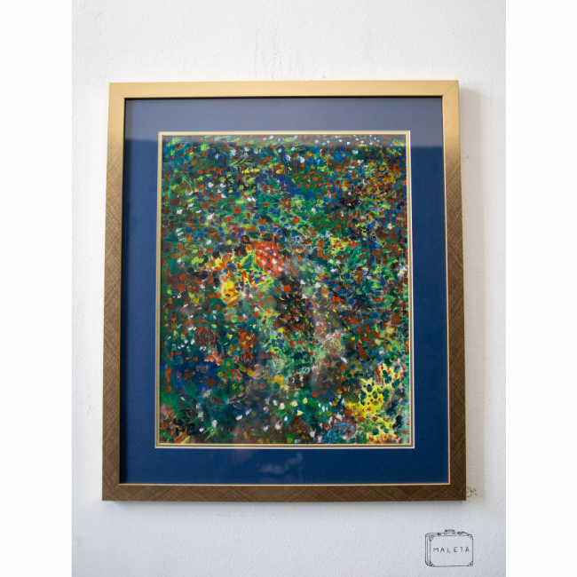 QUADRO PINTURA COLORIDA MOLDURA DOURADA